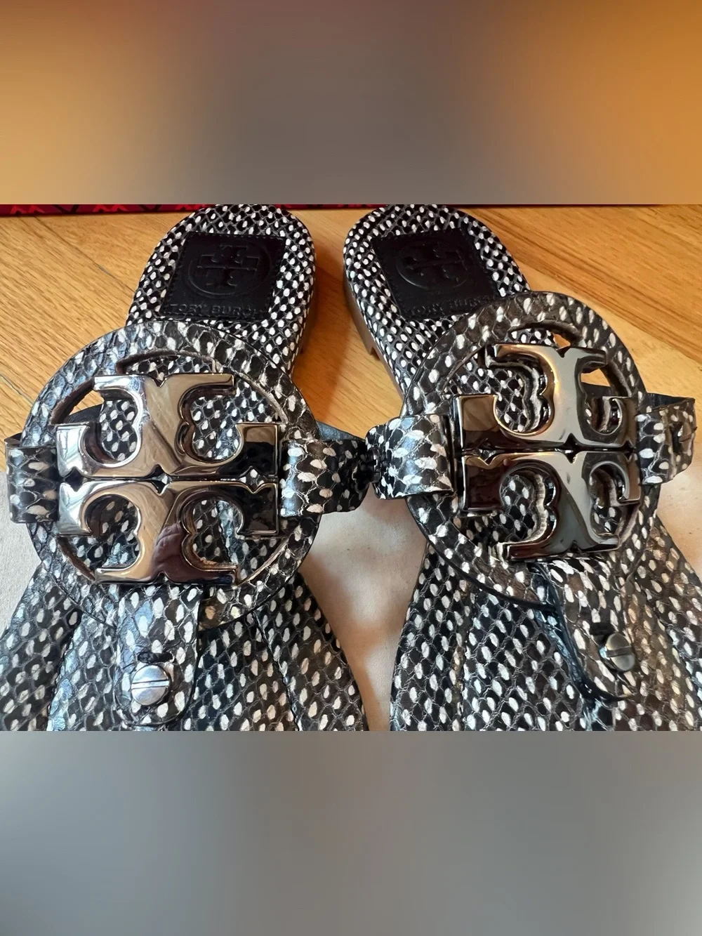 Tory Burch Black Polka Dot Snake Print Embossed Leather Metal Miller 2 Sandals